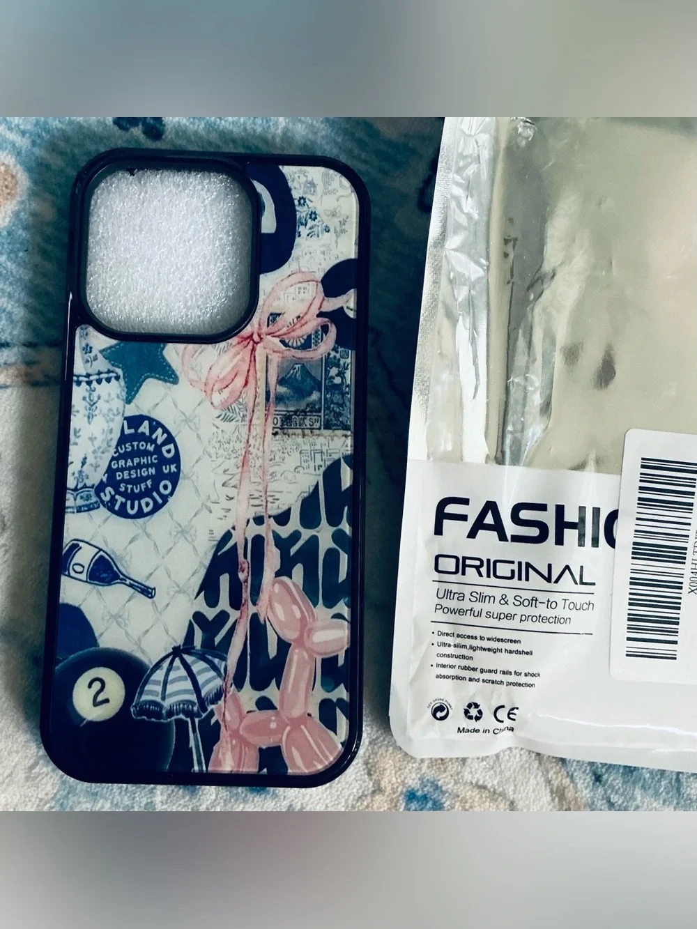 Stylish Blue & Pink Graphic Phone Case - Fits I Phone 15 Pro